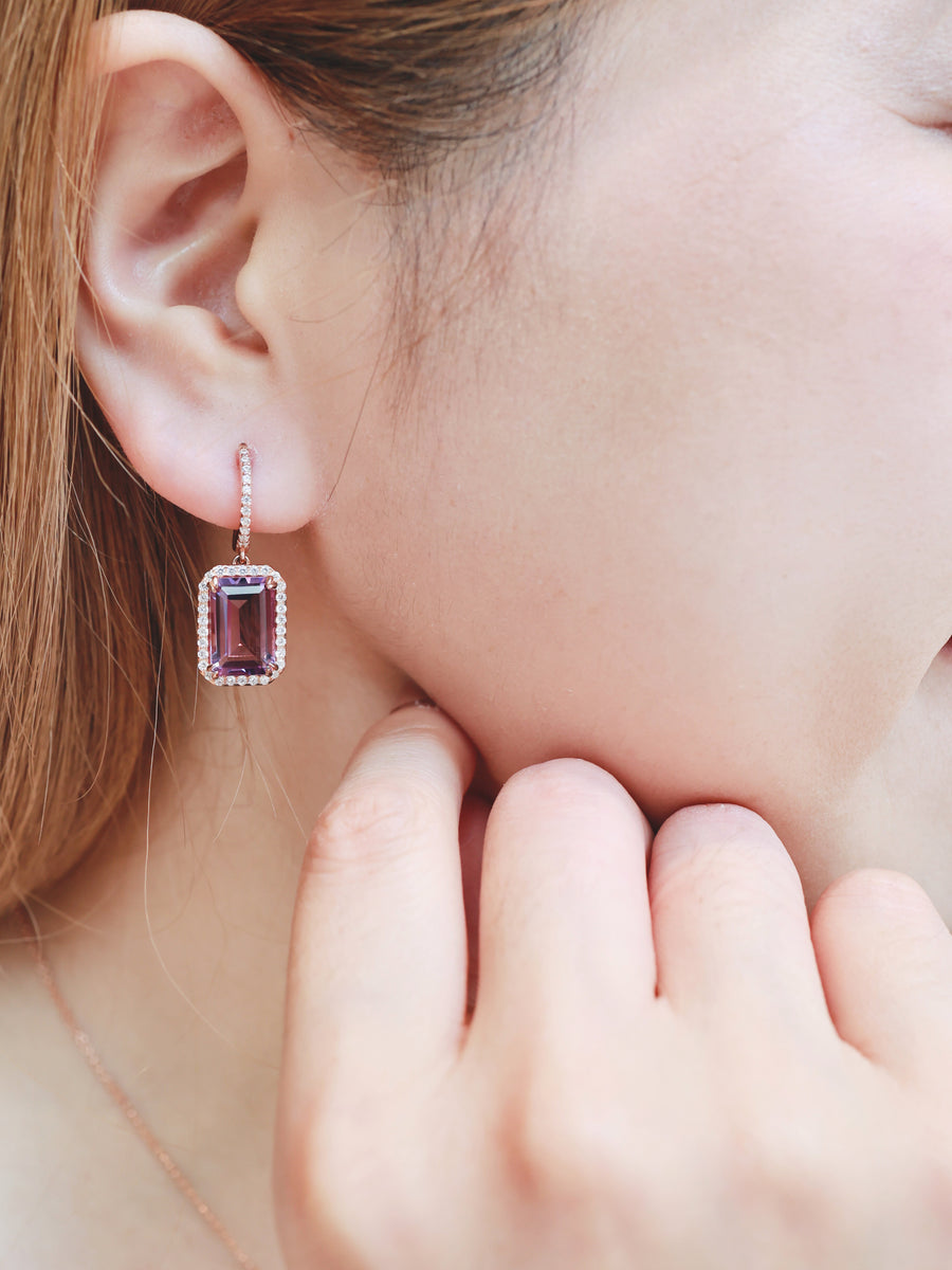 Emerald Cut Amethyst Earrings (Rose Gold)