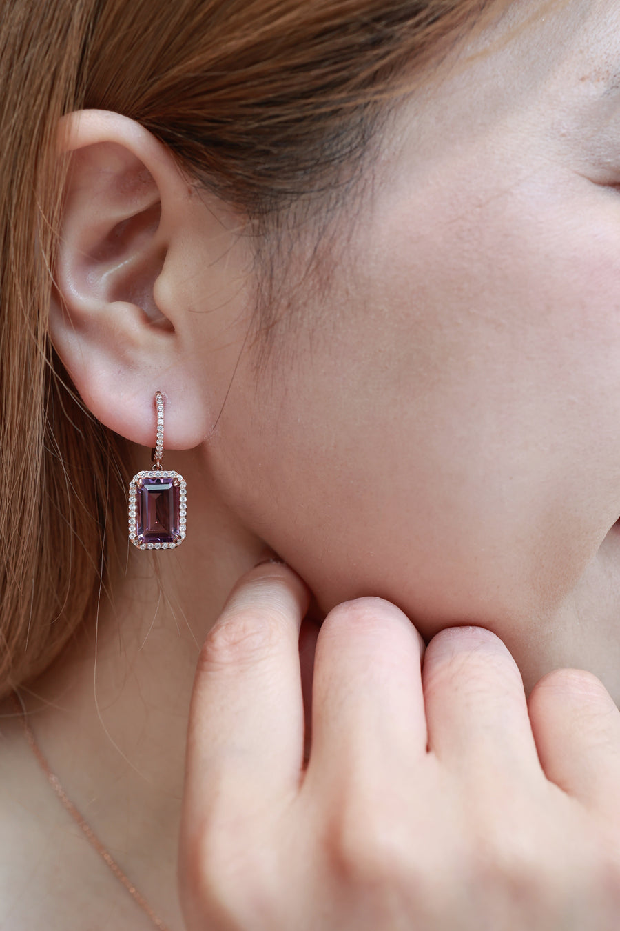 Emerald Cut Amethyst Earrings (Rose Gold)