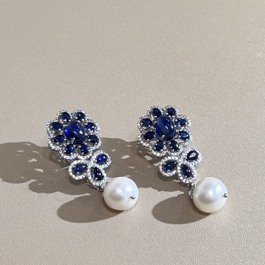 E24704 Sapphire Crystal Pearl Earrings