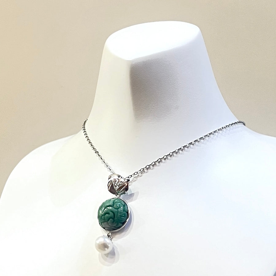 N24109 Jade with Single Dangling Pearl Necklace